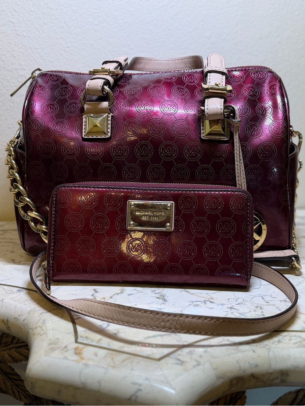 Vintage Michael Kors Bordeaux Patent Bag & Matching Wallet Set